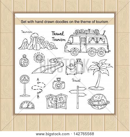 Vector set with hand drawn isolated doodles of tourism symbols. Illustration on the theme of car travel. Sketches for use in design web site packing textile fabric