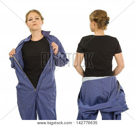 Photo of a woman posing with a blank black t-shirt and wearing overalls ready for your artwork or design.