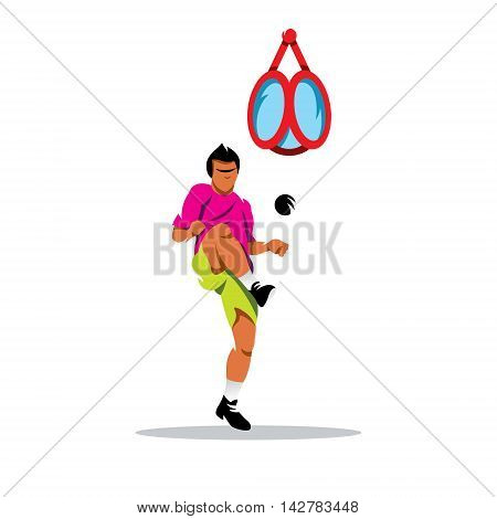 The athlete kicks the ball in the basket. Isolated on a white background