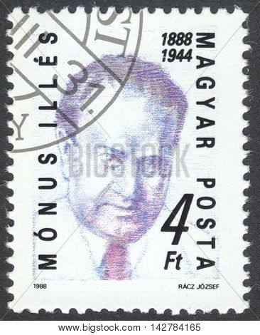 MOSCOW RUSSIA - CIRCA JULY 2016: a post stamp printed in HUNGARY dedicated to the 100th Anniversary of the Birth of Illes Monus circa 1988