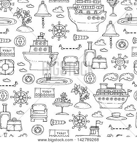 Vector seamless pattern with hand drawn symbols of travel and tourism on white color. Pattern on the theme of sea cruise. Background for use in design packing web site fabric