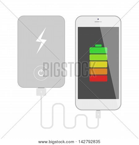 Smartphone with powerbank. Phone charging with portable powerbank. Isolated gadgets on white background.