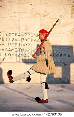 Evzone guards the Tomb of the Unknown Soldier on August 4 2013 in Athens Greece.