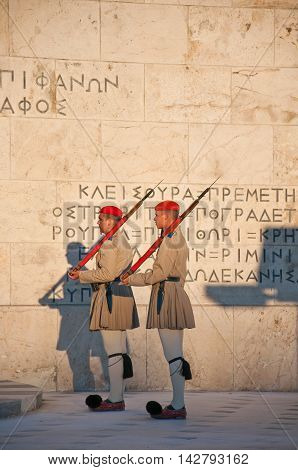 Evzones guard the Tomb of the Unknown Soldier on August 4 2013 in Athens Greece.
