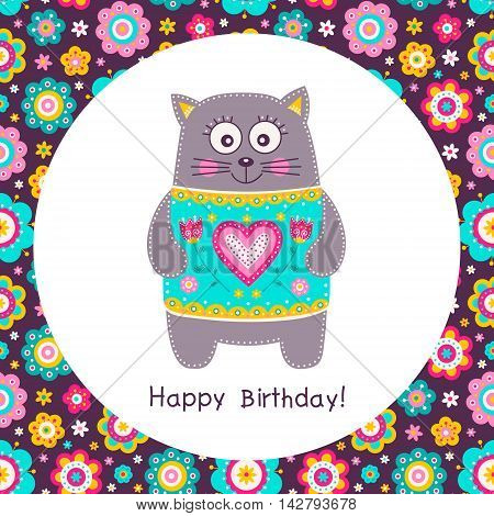 Cute flat cat. Vector Happy Birthday square card with smilling cat in colorful wear. Flowers hearts and dots. Pink yellow grey green and white colors. Fun birthday card for children.