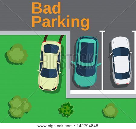 Bad parking. Top view of a car parked on the lawn with trees. Vector illustration in flat design