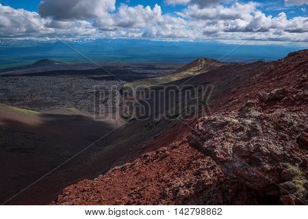 Panoramic view on wide lava fields from Tolbachik Volcano, Kamchatka, Russia