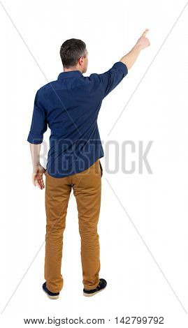 Back view of pointing business man.  Rear view people collection.  backside view of person.  Isolated over white background. a man in a blue shirt with the sleeves rolled up showing up with his right