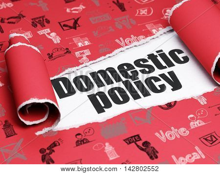 Politics concept: black text Domestic Policy under the curled piece of Red torn paper with  Hand Drawn Politics Icons, 3D rendering
