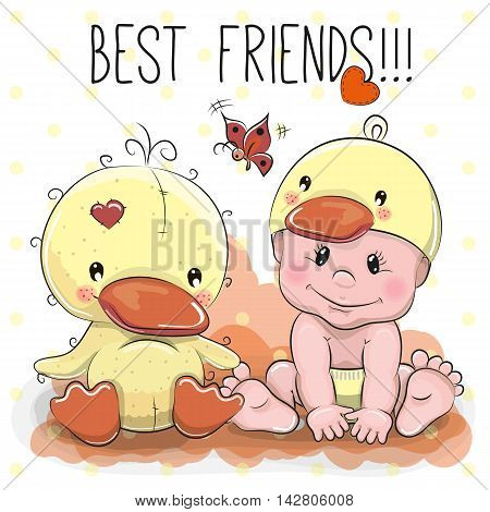 Cute Cartoon Baby in a duck hat and a duck