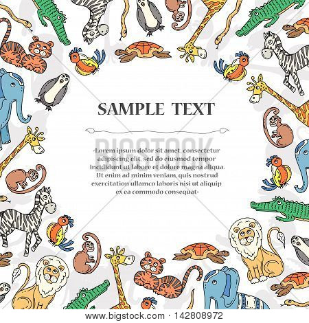 Cute decorative cover with hand drawn colored animals. Illustration on the theme of zoo. Vector background for use in design