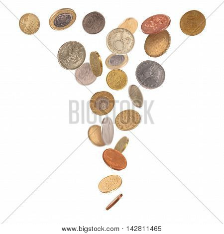 Heap of falling british coins isolated on white