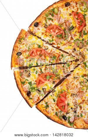 Delicious sliced pizza on table from top isolated on white background