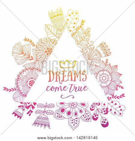 Vector floral card made of flowers in triangle shape. Wedding invitation. Frame for logo, label or greetings. Doodle floral design. Bugs, leaves, daisy other flowers with place for your message