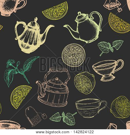 Tea seamless pattern dark style lemon kettles vector