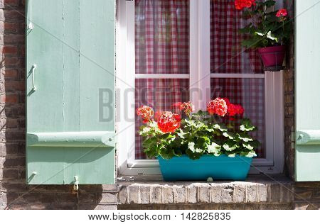Window with wooden shutters decorated with flowers