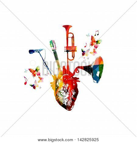 Vector illustration combining colorful human heart with set of music instruments, trumpet, old, vintage gramophone speaker, microphone and guitar fretboard and decorated with butterflies.