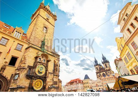 Monuments of Prague. Old Town Hall with Orloj Astronomical Clock and Tyn Church.