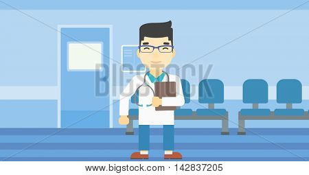 An asian friendly doctor holding a file in hospital corridor. Smiling doctor with stetoscope carrying folder of patient or medical information. Vector flat design illustration. Horizontal layout.