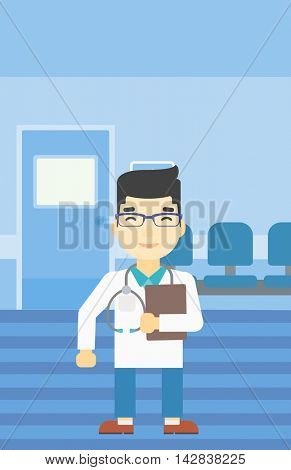 An asian friendly doctor holding a file in hospital corridor. Smiling doctor with stetoscope carrying folder of patient or medical information. Vector flat design illustration. Vertical layout.