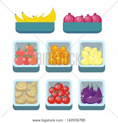 Bananas pomegranates tomatoes oranges lemons potatoes apples and eggfruits in trays isolated. Grocery store assortment, healthy nutrition. Part of series of fruits and vegetables in flat style. Vector