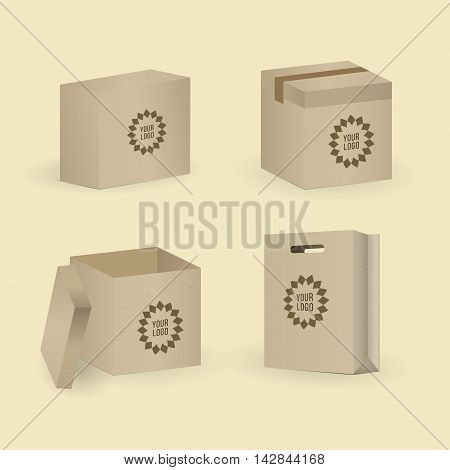 Box and package set. Vector illustration. Kraft style.