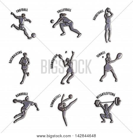 Athlete Icon. Silver sport icons with sportsmen for any competition or championship design isolated on white background. Set of summer games icons. Original 3D Illustration metal texture