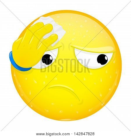 Emoji wipes the sweat with a handkerchief. Hard work heat workout emotion. Perspire emoticon. Illustration smile icon.