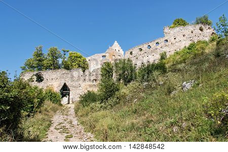 Access road to the ruin castle of Topolcany Slovak republic central Europe. Architectural theme. Beautiful place. Travel destination.