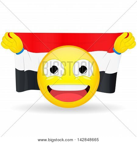 Emoji fan holds in hands flag behind his head. Egyptian Iraqi Yemenite flag. Fan cares for his country. Glory spectator bawl emotion. Exult emoticon. Buff of sports games smile illustration.