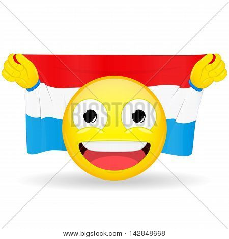 Emoji fan holds in hands flag behind his head. Luxembourg flag. Fan cares for his country. Glory spectator bawl emotion. Exult emoticon. Buff of sports games smile illustration.