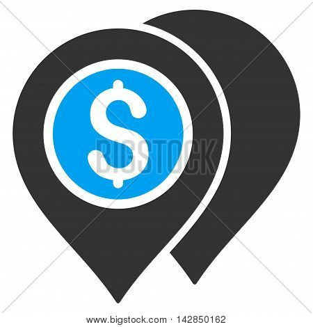 Bank Map Pointers icon. Vector style is bicolor flat iconic symbol with rounded angles, blue and gray colors, white background.
