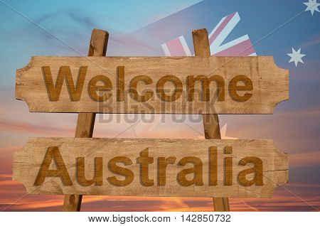 Welcome To  Australia Sing On Wood Background With Blending National Flag