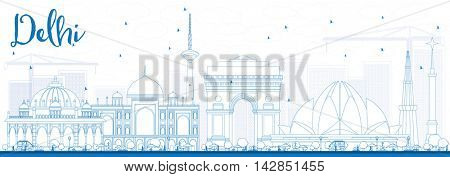 Outline Delhi Skyline with Blue Buildings. Business Travel and Tourism Concept with Historic Buildings. Image for Presentation Banner Placard and Web Site.