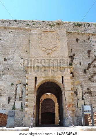 Old city gate entrance of Dalt Vila, the historic city of Ibiza town.
