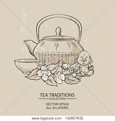 Illustration with teapot with tea bowl and jasmine