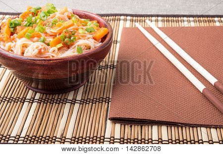 Rice Vermicelli Hu-teu In A Small Brown Wooden Bowl