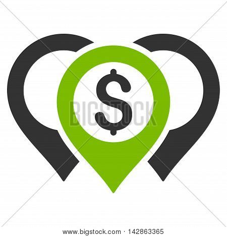 Dollar Map Pointers icon. Vector style is bicolor flat iconic symbol with rounded angles, eco green and gray colors, white background.