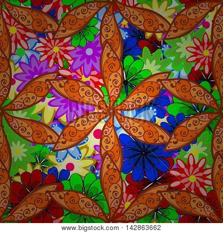 Abstract colorful floral background with orange doodles flowers. Vector illustration.