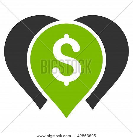 Money Map Markers icon. Vector style is bicolor flat iconic symbol with rounded angles, eco green and gray colors, white background.