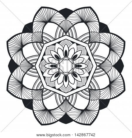 Ethnic decorative element hand drawn vector mandala black and white, for coloring page. Orienta motifs.