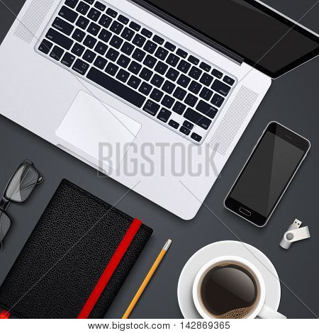 Office desk table with laptop, glasses, , flash drive, pen, notebooks and phone . Top view desktop. Eps10 vector template.