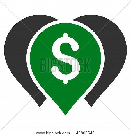 Money Map Markers icon. Vector style is bicolor flat iconic symbol with rounded angles, green and gray colors, white background.