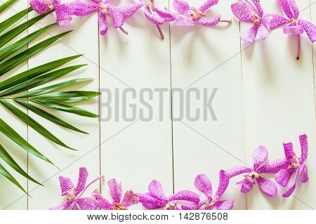 Palm Leaf And Orchid Flowers Arranged With White Wood Background - Summer Concept,copy Space