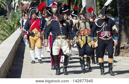 Ajaccio city Corsica island France-August 14 2016: The reenactors dressed as Napoleonic soldiers for celebration the Napoleon birthday who was born in Ajaccio.