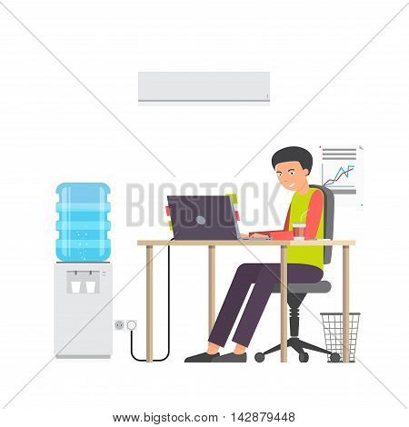 Professional programmer working writing code at his big desk with multiple displays and laptop computer. Flat style color modern vector illustration.