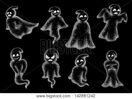 Halloween funny ghosts chalk icons. Cute cartoon spooks on blackboard. Artistic chalked bogey characters