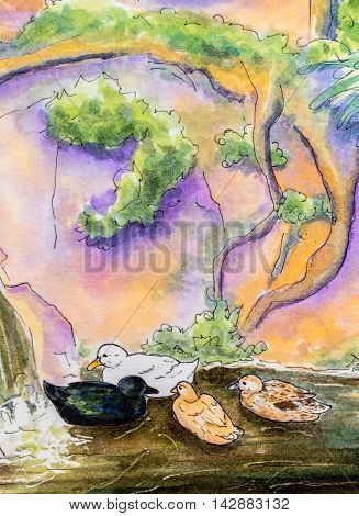 Original watercolor painting of four ducks swimming on water near a waterfall.