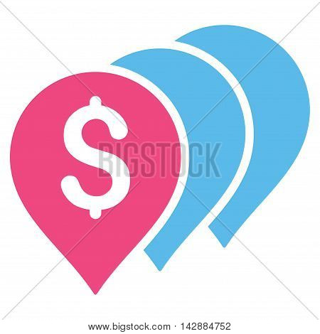 Money Map Pointers icon. Vector style is bicolor flat iconic symbol with rounded angles, pink and blue colors, white background.