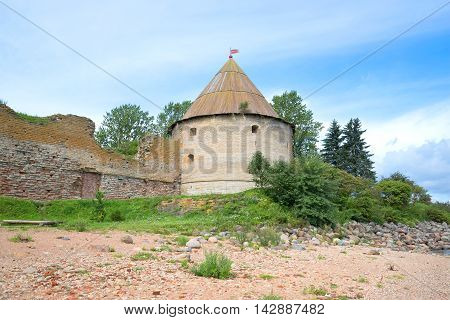 The Royal tower of the old Russian fortress Oreshek. Leningrad region, Russia